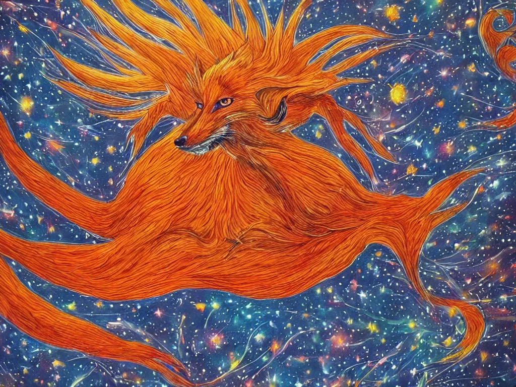 Prompt: three - tailed fox, realistic, colorful, mural, deep shadows, astrophotography, highly detailed, wide shot