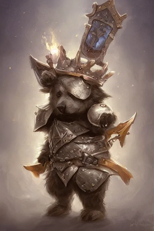 Image similar to cute little anthropomorphic bear knight wearing a cape and a crown, tiny, small, miniature bear, baby animal, short, pale blue armor, cute and adorable, pretty, beautiful, DnD character art portrait, matte fantasy painting, DeviantArt Artstation, by Jason Felix by Steve Argyle by Tyler Jacobson by Peter Mohrbacher, cinematic lighting