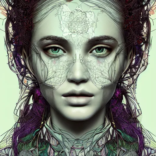 Image similar to the portrait of an incredibly beautiful woman made of potatoes roots and violets, an ultrafine detailed illustration by james jean, final fantasy, intricate linework, bright colors, behance contest winner, vanitas, angular, altermodern, unreal engine 5 highly rendered, global illumination, radiant light, detailed and intricate environment