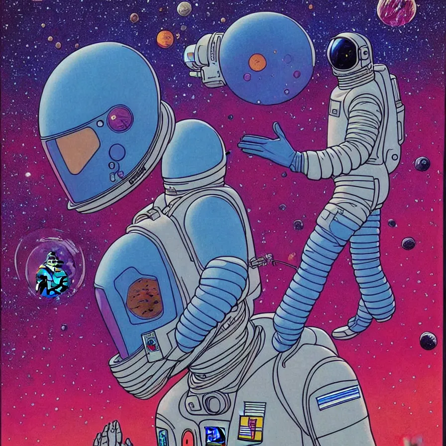 Prompt: ( ( ( ( astronaut talking face to face with a humanoid creature from another planet. ) ) ) ) by mœbius!!!!!!!!!!!!!!!!!!!!!!!!!!!, overdetailed art, colorful, artistic record jacket design