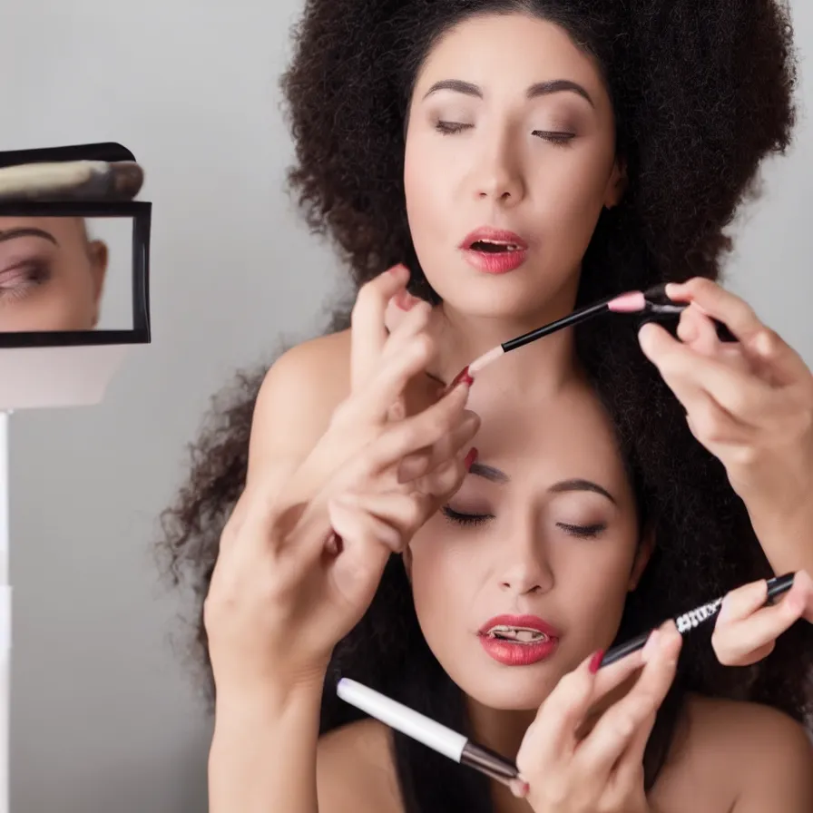 Image similar to a woman is having an existential crisis while applying makeup in a youtube video
