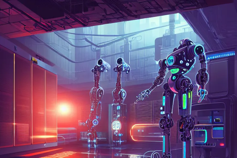 Image similar to stylish detailed robot against the background of the data center, server, cybernetic blocks, neon light, high quality and many details, by luc schuiten, sakimichan, artstation, hd, rtx, unreal engine, octane, wonderful