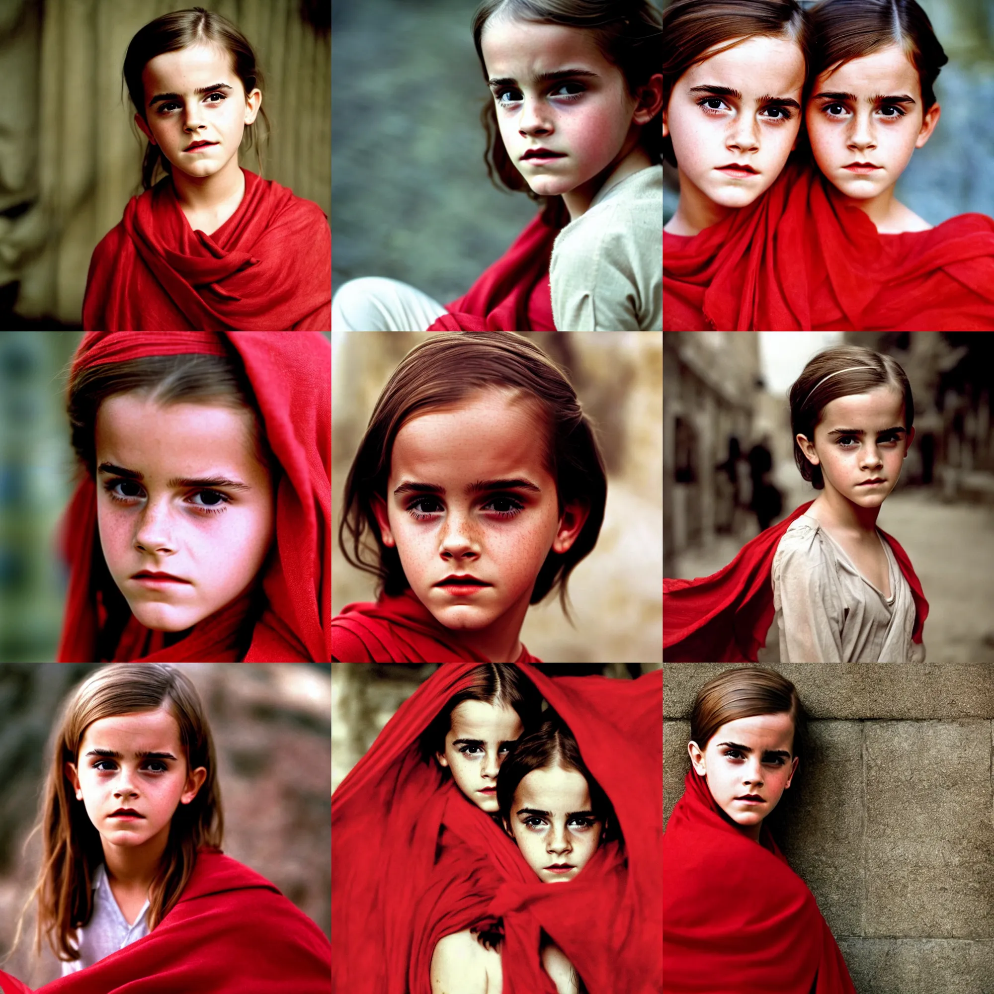 Prompt: young emma watson in a red shawl looking intently at the camera, a colorized photo by steve mccurry, featured on cg society, hyperrealism, associated press photo, provia, wide lens