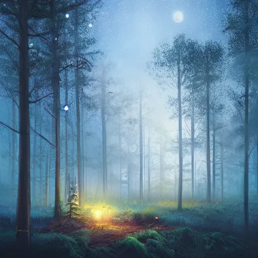 Prompt: forest at night with floating lights by Jessica Rossier