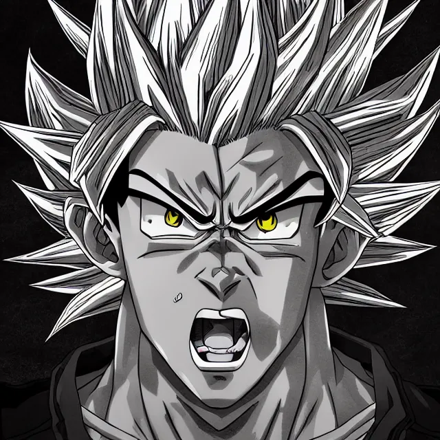 Image similar to super saiyan in the style of jojo's bizarre adventure, ultrafine hyperrealistic detailed face illustration by kim jung gi, irakli nadar, intricate linework, sharp focus, bright colors, matte, octopath traveler, final fantasy, unreal engine highly rendered, global illumination, radiant light, intricate rainbow environment