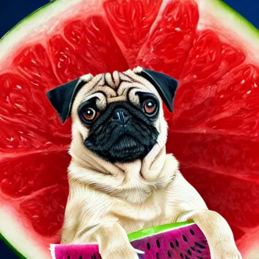 Prompt: A pug riding in a watermelon UFO, digital art