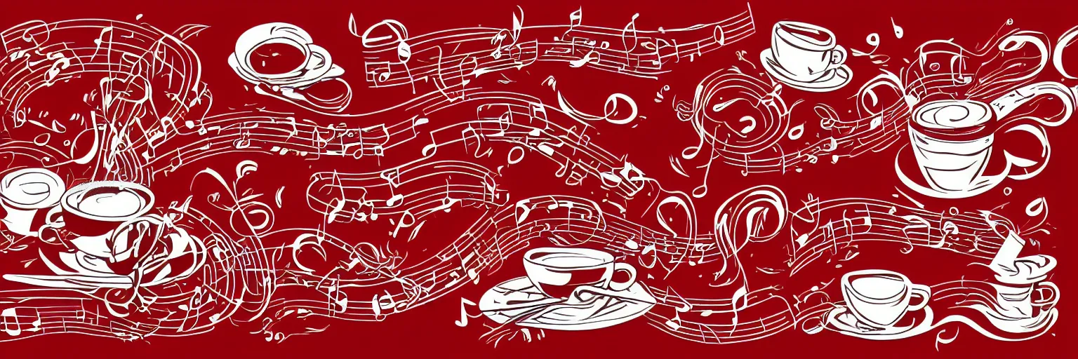 Image similar to banner design, coffee and musical instrument, vector, line art, red and white,