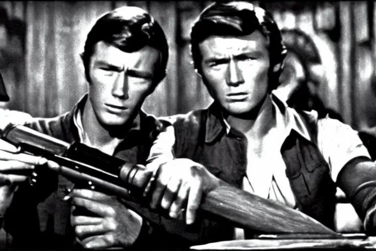 Prompt: film still of young clint eastwood aiming a colt in tavern scene in new star wars 4 k