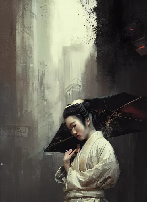 Image similar to female geisha girl, beautiful face, rule of thirds, intricate outfit, spotlight, by greg rutkowski, by jeremy mann, digital painting