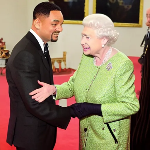 Image similar to Queen Elizabeth slapping Will Smith