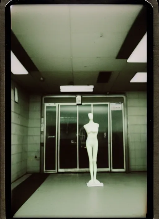 Image similar to polaroid photograph of the inside of an empty convenience store, liminal space, lonely, mannequins, black mold, cinematic, 3 5 mm, raw, unedited, 8 k, hd, the fifth element