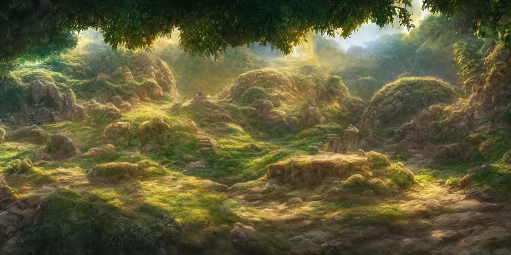 Image similar to lush and beautiful concept art for the shire, floating rocks, arabian castles, sand, golden sun, planets, lord of the rings, peter jackson, studio ghibli, detailed, realistic lighting, volumetric lighting, golden hour,