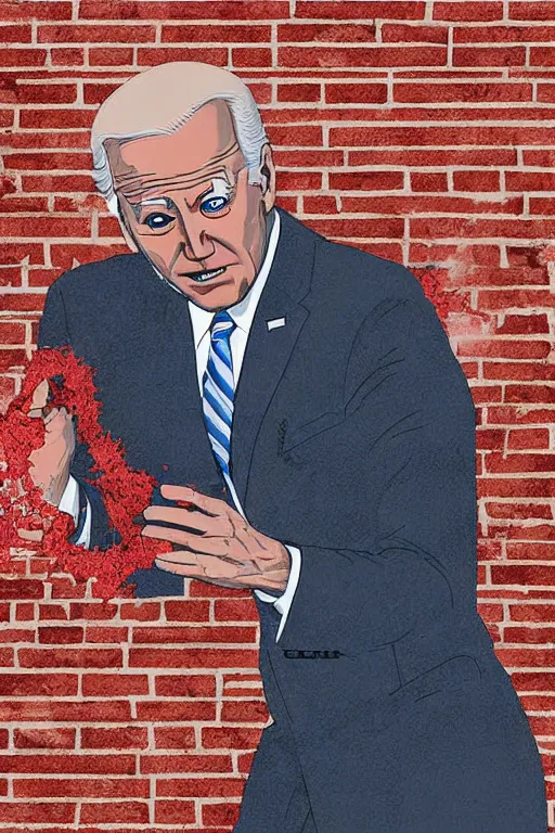 Image similar to biden with glowing red eyes breaking through a brick wall digital art illustration detailed