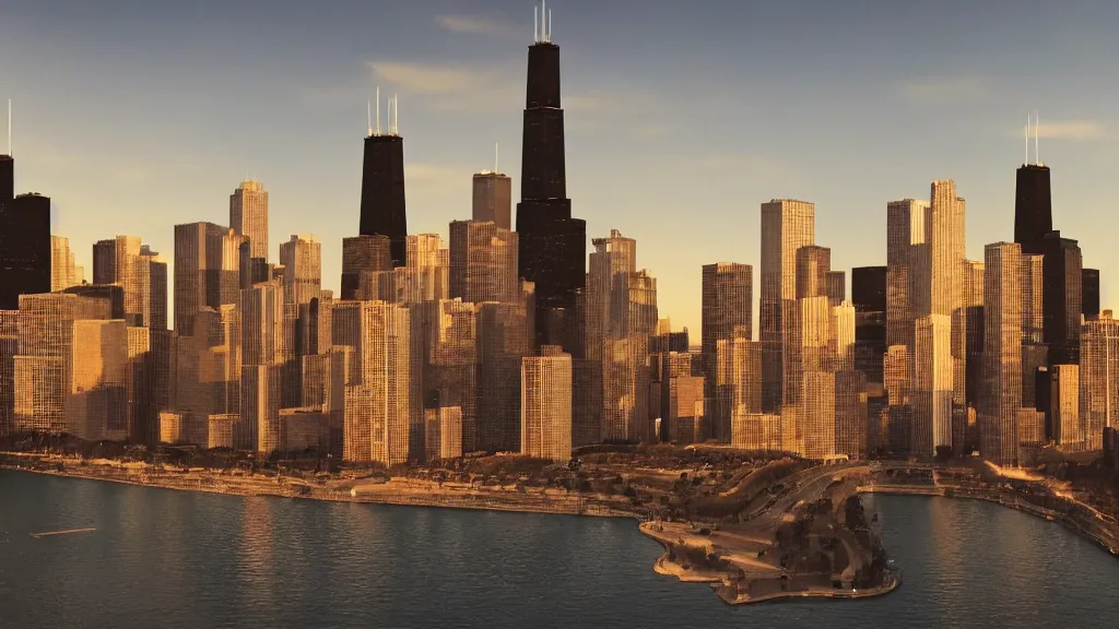 Image similar to there is a monster problem in Chicago, photorealistic, 8k, golden hour, hyperrealistic, super detailed