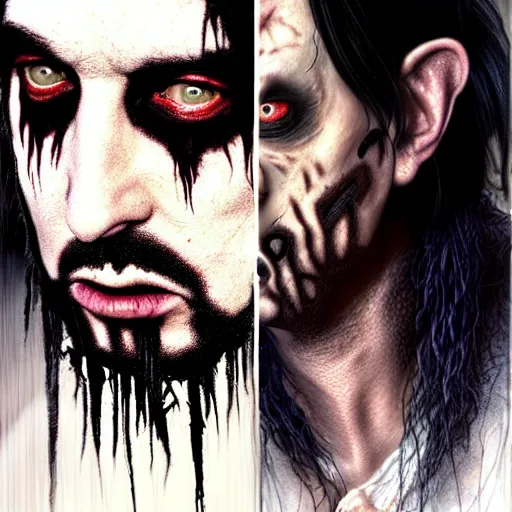 Image similar to A combination of Marilyn Manson's and Jonathan Davis's and Alice Cooper's faces as Aiden Caldwell character from Dying Light 2 Stay Human, western, D&D, fantasy, intricate, elegant, highly detailed, digital painting, artstation, concept art, matte, sharp focus, illustration, art by Artgerm and Greg Rutkowski and Alphonse Mucha