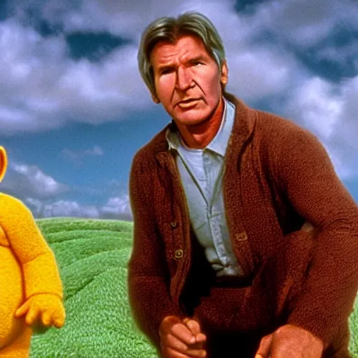 Image similar to movie still of harrison ford in teletubbies