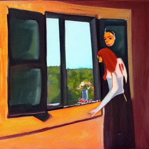 Prompt: vampire looking out her window from her apartment, oil painting