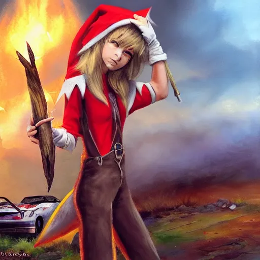 Image similar to a skinny teen as a fantasy elf with spiky blonde hair wearing dark brown overalls and holding a firecracker standing next to a destroyed car, painting by artgerm