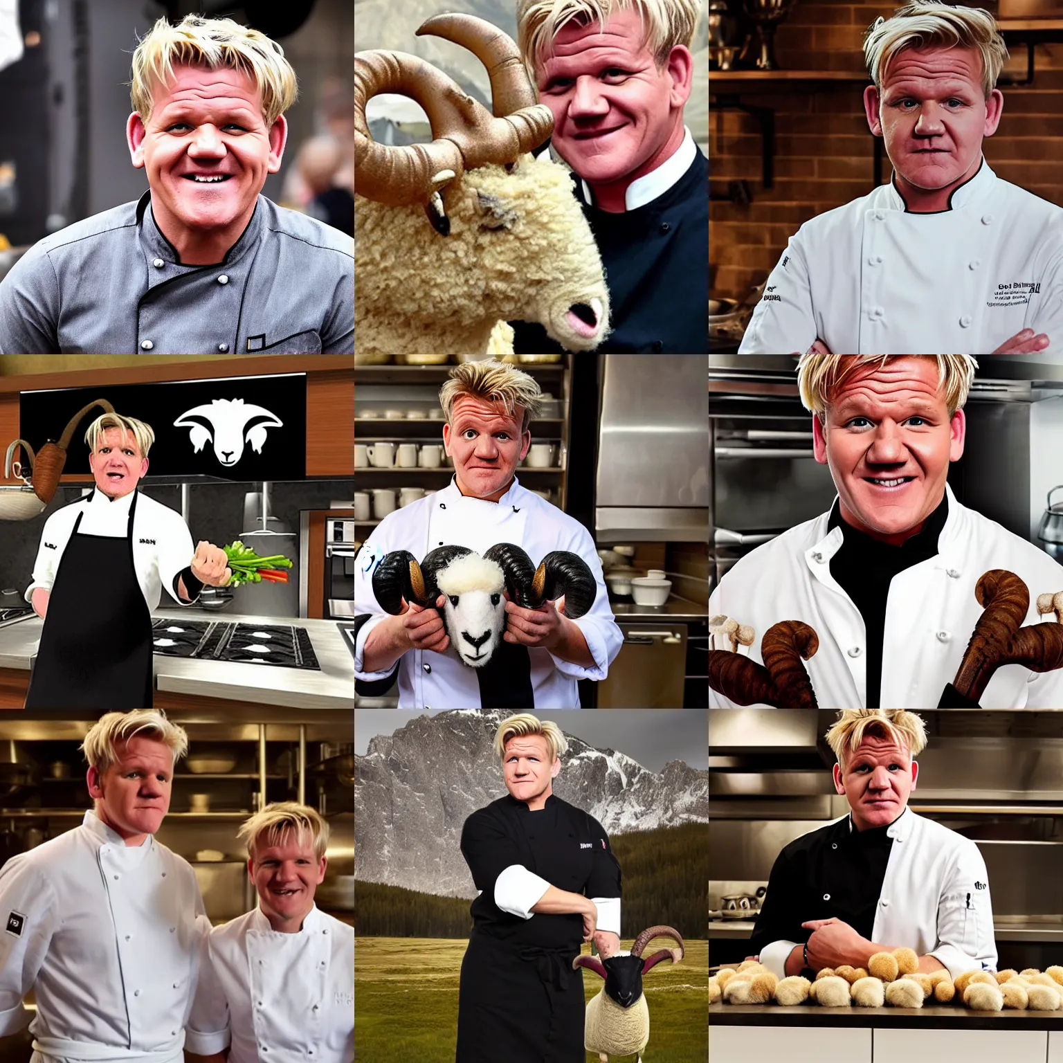 Prompt: chef gordon! ramsay! as a ram sheep with horns and wool, blonde hair