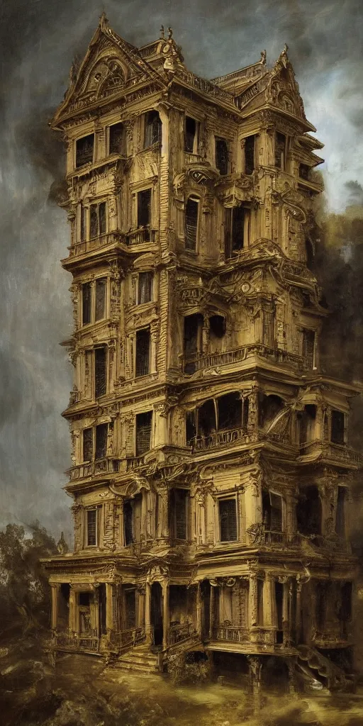 Image similar to detailed baroque oil painting of a singular dilapidated victorian house made of pipe organ parts, style of goya and fritz lang and alan lee, trending on artstation