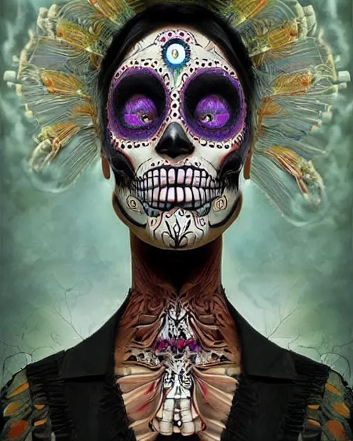 Image similar to dia de los muertos theme surrealist art in the styles of igor morski, jim warren, and osborne macharia, intricate, hyperrealistic, accurate facial details, profile picture with chromakey!!!!! background, volumetric lighting