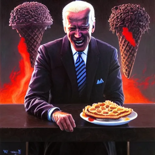 Image similar to epic Joe Biden eating a waffle cone in pandemonium, demons and souls, portrait, art by Wayne Barlowe, oil on canvas