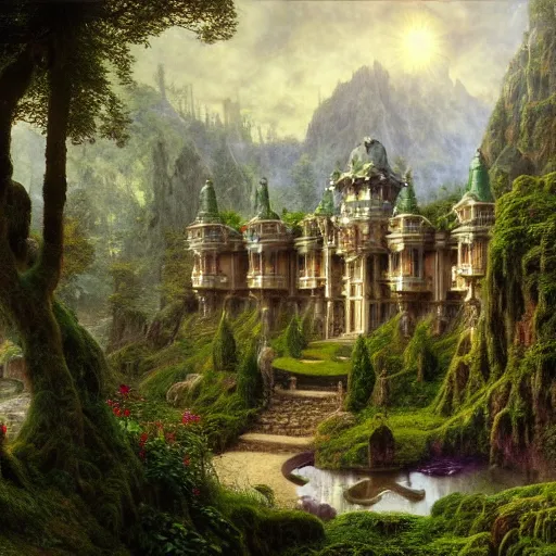 Image similar to a beautiful and highly detailed matte painting of an dwarf garden palace in a breath taking forest in a deep valley in the beautiful mountains of avalon, intricate details, epic scale, insanely complex, 8 k, sharp focus, hyperrealism, very realistic, by caspar friedrich, albert bierstadt, james gurney, brian froud,
