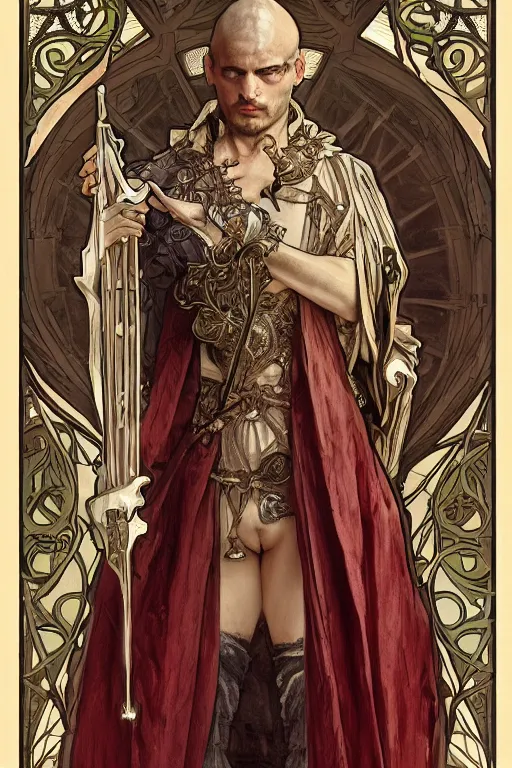 Image similar to tarot card, half - body, the devil, demon male, light robes, beautiful, medieval, super detailed, ornate, by alphonse mucha, stjepan sejic, greg rutkowski, symmetry, 8 k, sharp focus