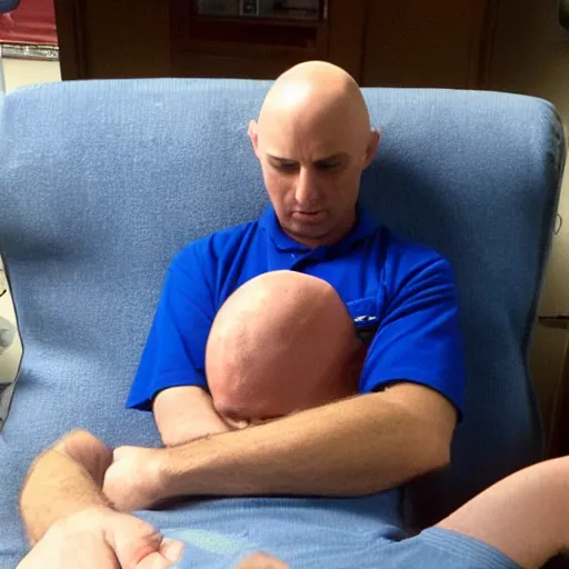 Image similar to bald firefighter asleep on a blue reclining chair