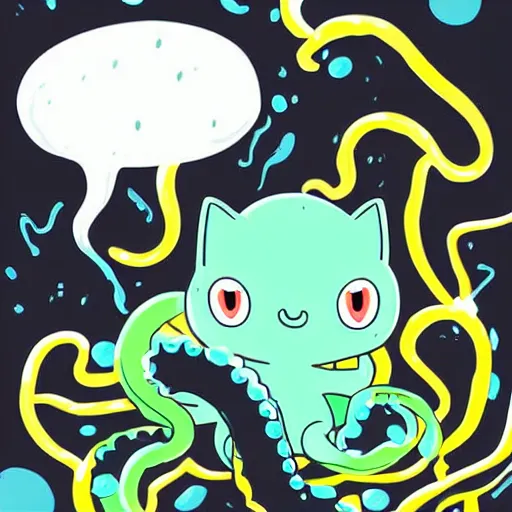 Image similar to a cute digital art of black ink slime in form of liquid black cat with tentacles , cartoon sticker illustration , dnd slime art