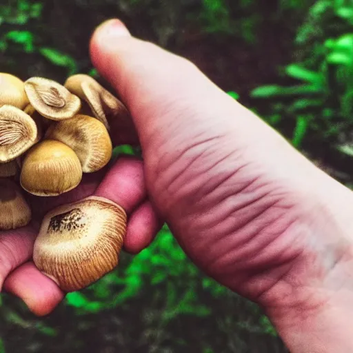 Prompt: iphone 1 3 pro photo of hands holding a golden teacher mushrooms