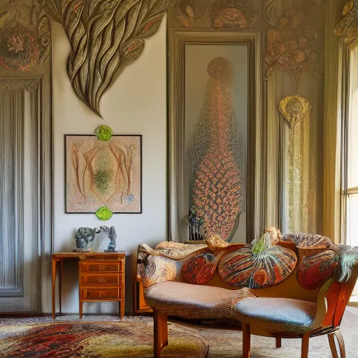 Image similar to room interior with furniture, art forms in nature, inspired by ernst haeckel, morning light, intricate high details, sharp, ultradetailed