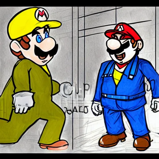 Prompt: a court sketch of saul goodman defending super mario in court, saul goodman and mario, sketch art, court sketch art, saul goodman, mario, very sketchy court sketch