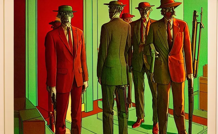 Prompt: by moebius, pedestal with exhibit ak 4 7 and men's in suit's around, soft light, red + green colours, golden facture, high quality details, perspective, denoise deep depth of field