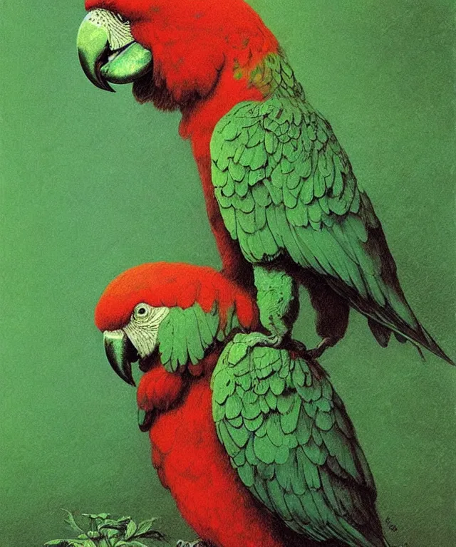 Image similar to beautiful emerald green parrot with red aura and eyes, by zdzisław beksinski, by gustave dore