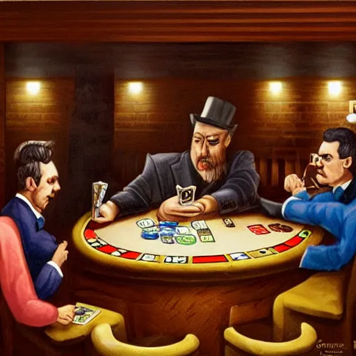 Image similar to amongus playing poker in a smokey barroom