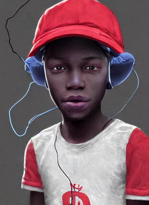 Prompt: portrait of a nigerian boy wearing a baseball cap with wires and computer chips dangling from inside, character concept art, art style by frank frazetta & james jean, volumetric light, ray tracing, digital illustration, colourful, sharp, intricate detail, behance, artstation, pinterest,