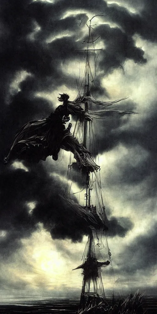 Prompt: donquixote alone in the night during a stormcloud with dramatic airbrushed clouds over black background by Luis royo and Caravaggio airbrush fantasy 80s, realistic masterpiece