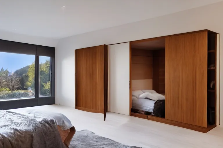 Image similar to a wardrobe with one of its doors open with winter inside it, luxurious bedroom with wooden floor and sunbeams streaming through the window