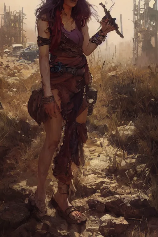 Image similar to a full body portrait of a beautiful post apocalyptic offworld criminal district bedouin blind pulp fiction scarlet wild rogue barbarian leper begging by the roadside, intricate, elegant, highly detailed, digital painting, artstation, concept art, smooth, sharp focus, illustration, art by krenz cushart and artem demura and alphonse mucha