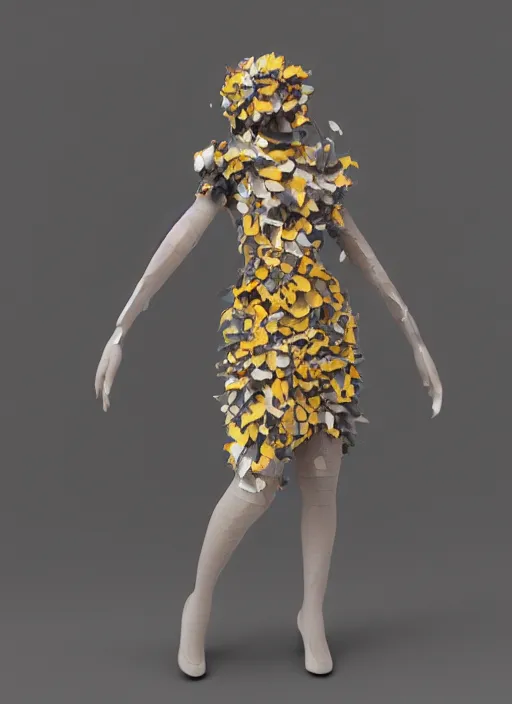 Image similar to an anthromorphic beautiful bee woman wearing striped couture made out of wax and paper and flower petals, at a fashion shoot, trending on Art Station, 3D, octane render,