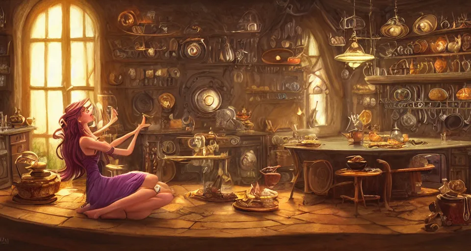 Image similar to a mid - shot of a fairy in a vintage magical kitchen, with one vintage book on a table, with a fireplace in the background d & d, fantasy, intricate, elegant, highly detailed, digital painting, artstation, concept art, smooth, sharp focus, illustration