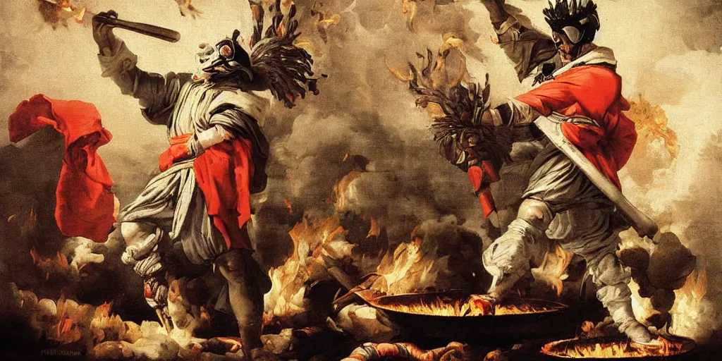 Image similar to a highly detailed menacing painting of pulcinella!!! from naples with a pizza!! and lots of fire, a volcano and dark smoke, an ultrafine detailed painting by giovanni domenico tiepolo, dramatic lighting, trending on deviantart, sharp focus, octane, masterpiece