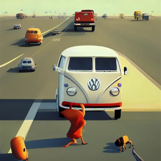 Image similar to goro fujita ilustration a volkswagen full of people on the highway, painting by goro fujita, sharp focus, highly detailed, artstation