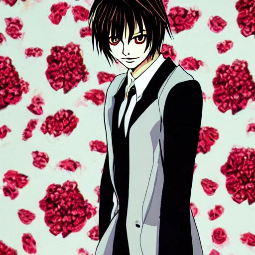 Prompt: Light Yagami from death note wearing a flower suit