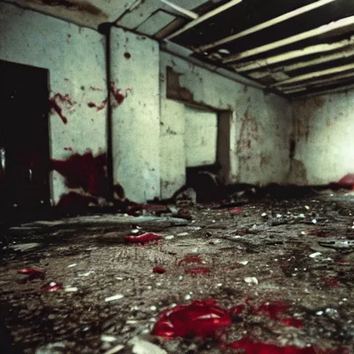 Prompt: vhs footage of a creepy basement with a plastic bag filled with blood lying on the decrepit concrete floor, found footage