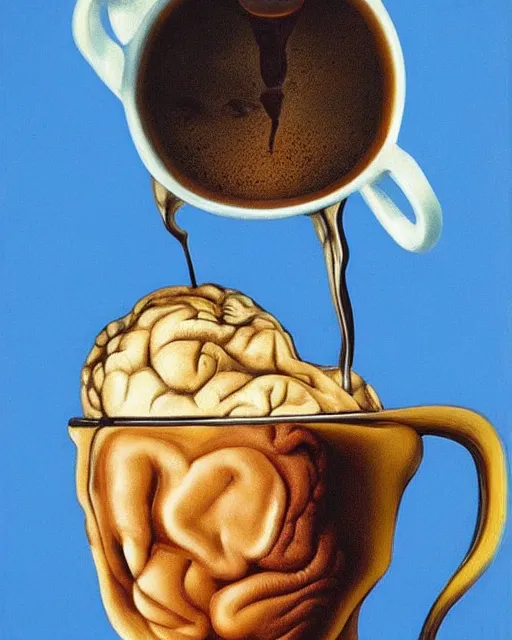 Prompt: salvador dali's 'brain in cup of coffee', still life, far shot, blue background, vibrant, brain, realism