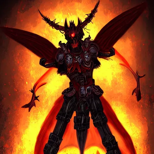 Prompt: demon with fiery wings wearing armor, grimdark, digital art, detailed