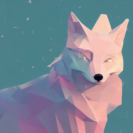 Image similar to aesthetic albino fox fursona portrait, commission of a anthropomorphic lion on fire, fursona wearing stylish clothes, winter armosphere, pastel simple art, low poly