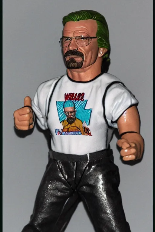 Prompt: detailed illustration, walter white as a 1 9 8 0 s wrestling action figure